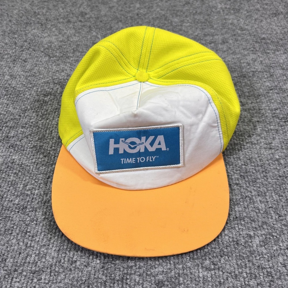 Hoka One One Hat Cap Strap Back One Size Mens Yellow 5 Panel Running Logo Patch